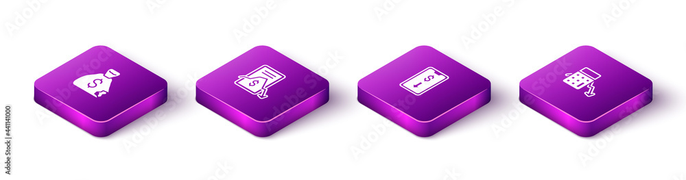 Set Isometric Money bag, Mobile stock trading, and Calculation of expenses icon. Vector Set Isometric Money bag, Mobile stock trading, and Calculation of expenses icon. Vector