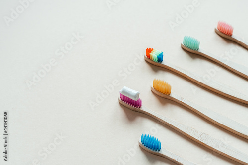 Multicolored eco friendly bamboo toothbrushes  dental care with zero waste concept  sustainable lifestyle