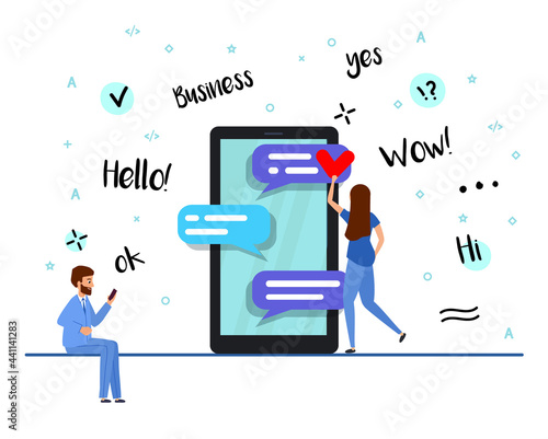 Businessman and woman correspond in a business chat.