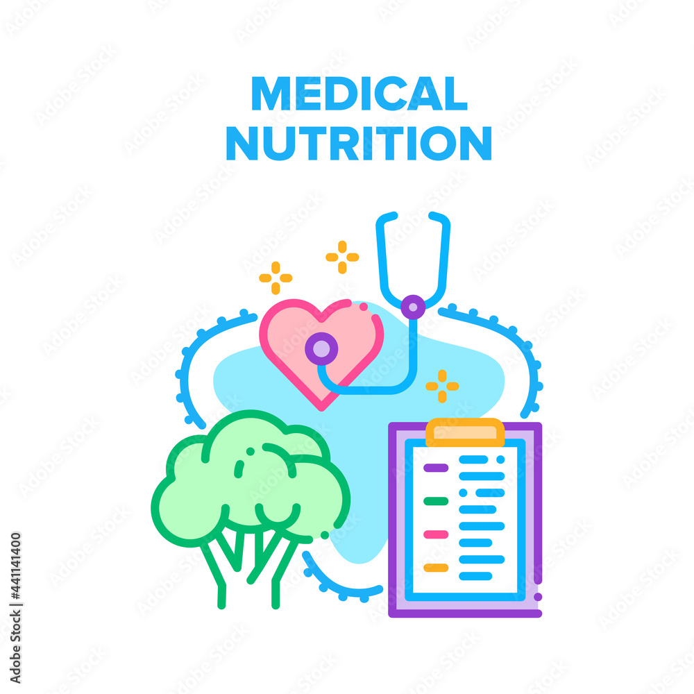 Fototapeta premium Medical Healthy Nutrition Vector Icon Concept. Medical Healthy Nutrition, Heartbeat And Blood Pressure Control With Stethoscope Doctor Tool. Natural Healthcare Food Color Illustration