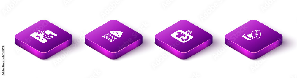 Set Isometric Plane crash, Cloud with rain, Suitcase and Radar icon. Vector Set Isometric Plane crash, Cloud with rain, Suitcase and Radar icon. Vector