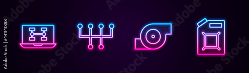 Set line Diagnostics condition of car, Gear shifter, Automotive turbocharger and Canister for gasoline. Glowing neon icon. Vector