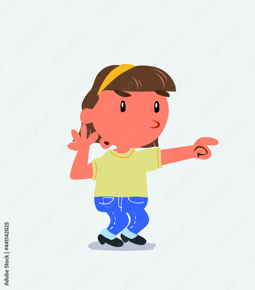 Surprised cartoon character of little girl on jeans points to something