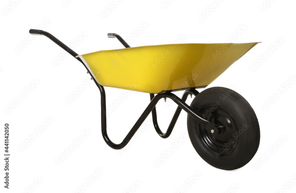 Yellow wheelbarrow isolated on white. Gardening tool Yellow wheelbarrow isolated on white. Gardening tool