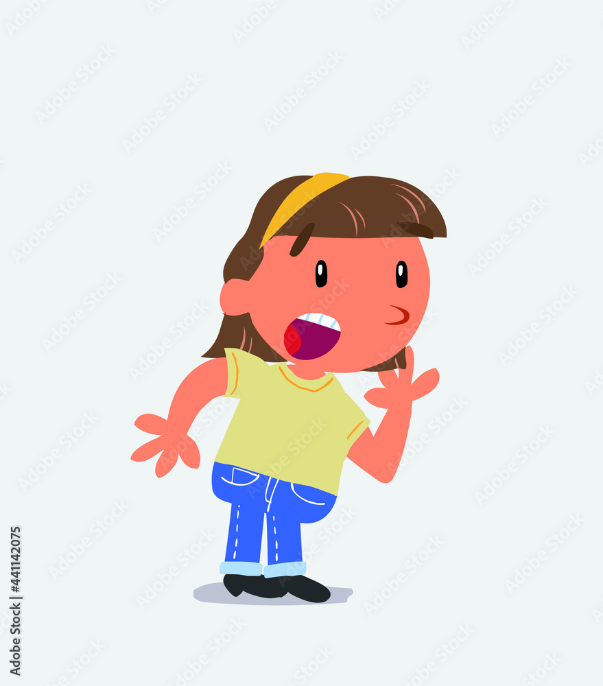 Unpleasantly surprised cartoon character of little girl on jeans looks to the side