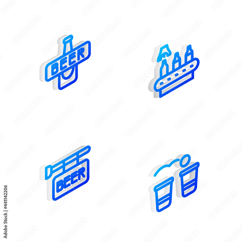 Set Isometric line Conveyor band, beer, Beer bottle, Street signboard with and pong game icon. Vector Set Isometric line Conveyor band, beer, Beer bottle, Street signboard with and pong game icon. Vector