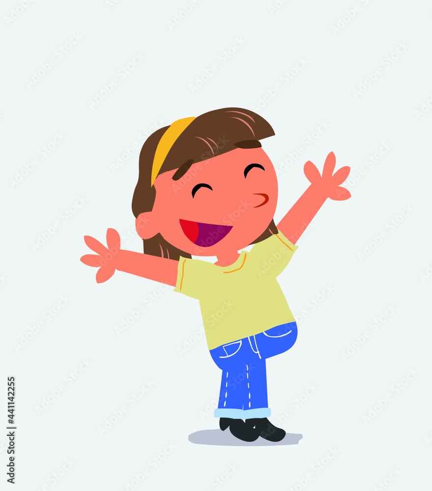 cartoon character of little girl on jeans celebrating something with joy cartoon character of little girl on jeans celebrating something with joy