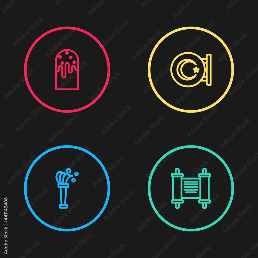 Set line Aspergillum, Decree, paper, parchment, scroll, Star and crescent and Easter cake icon. Vector Set line Aspergillum, Decree, paper, parchment, scroll, Star and crescent and Easter cake icon. Vector