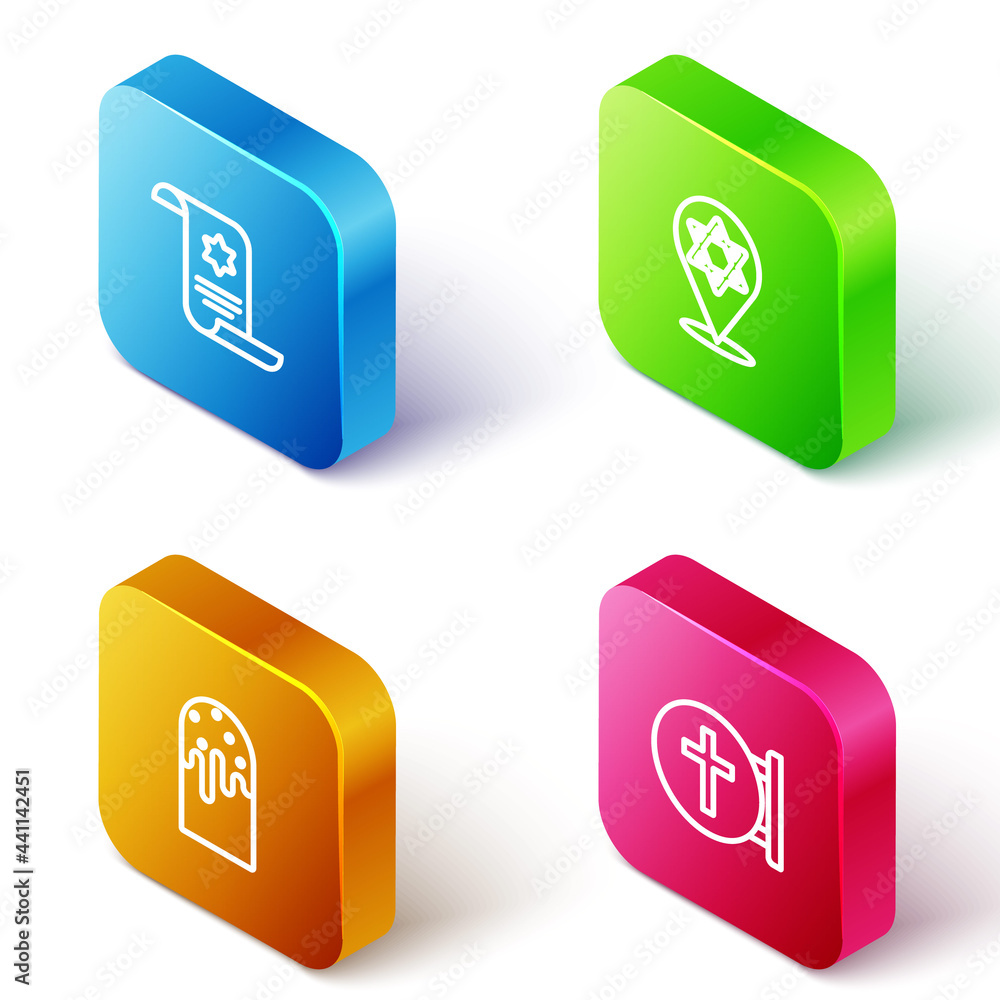 Set Isometric line Torah scroll, Star of David, Easter cake and Christian cross icon. Vector Set Isometric line Torah scroll, Star of David, Easter cake and Christian cross icon. Vector