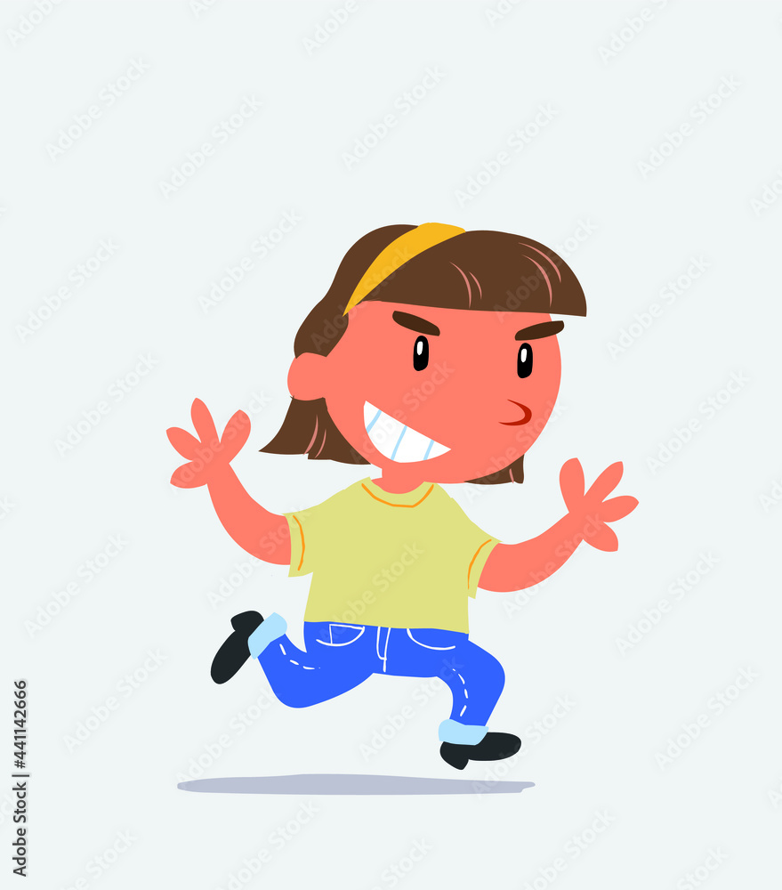cartoon character of little girl on jeans running very pleased