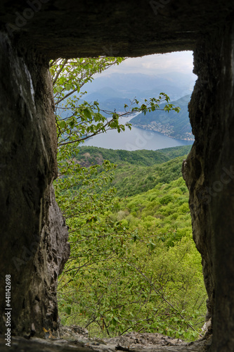View of Lake Lugano from inside a First World War bunker on the Italian-Swiss border