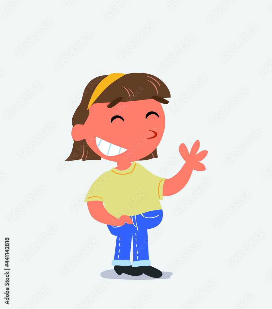 : cartoon character of little girl on jeans waving informally while laughing : cartoon character of little girl on jeans waving informally while laughing