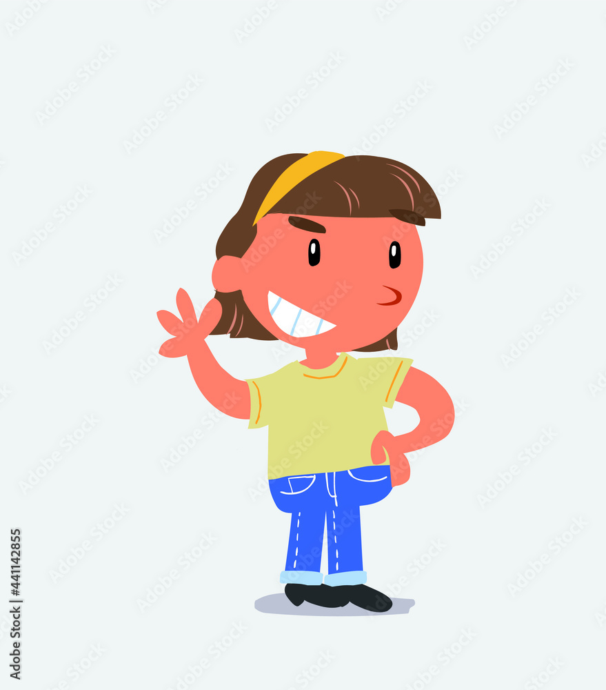 cartoon character of little girl on jeans waving while smiling