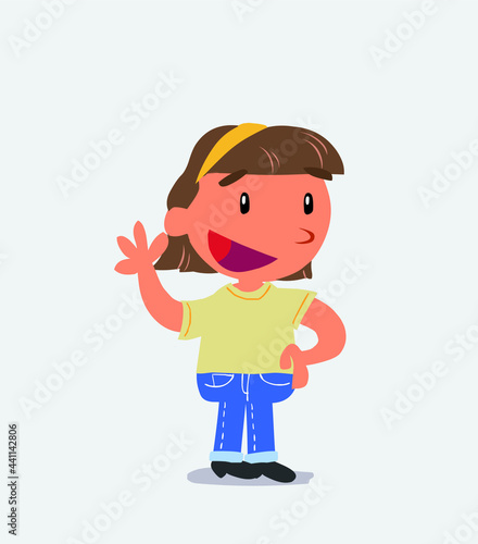  cartoon character of little girl on jeans waving happily.