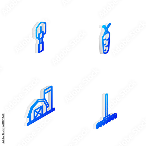 Set Isometric line Carrot, Shovel, Farm house and Garden rake icon. Vector