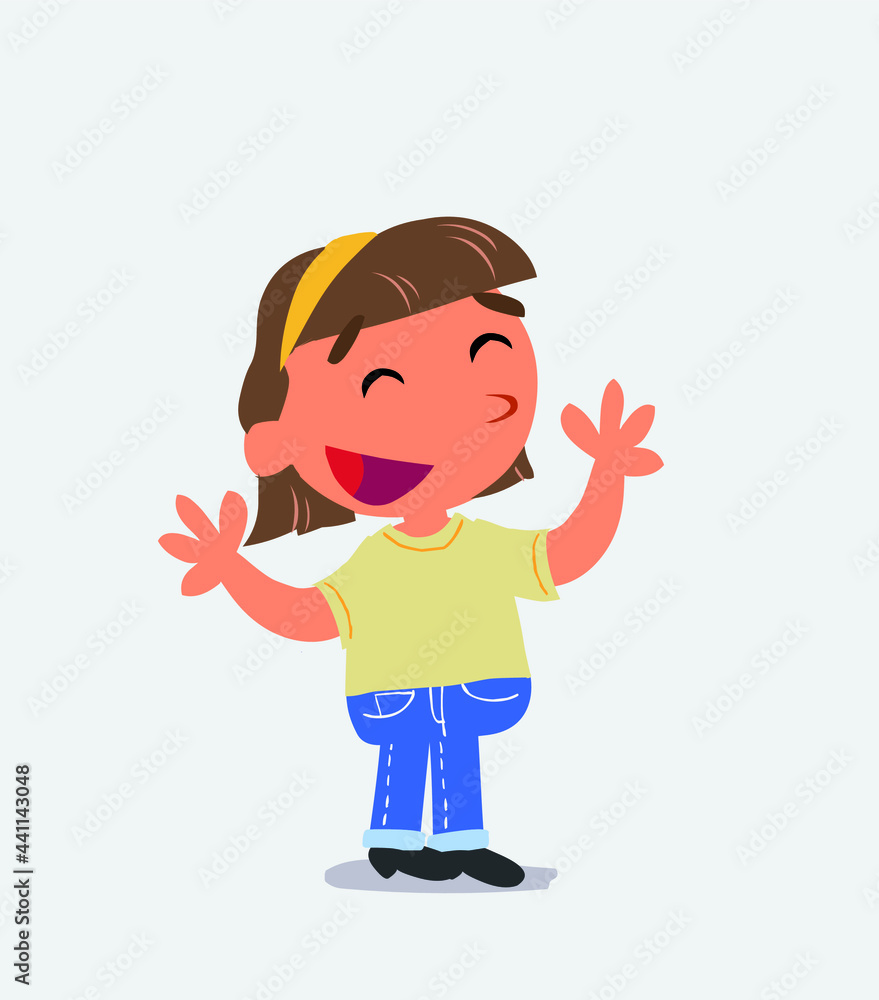 Pleased cartoon character of little girl on jeans explaining something Pleased cartoon character of little girl on jeans explaining something