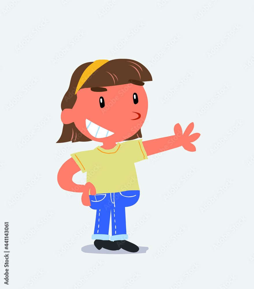 Pleased cartoon characte Pleased cartoon character of little girl on jeans points to somethingr of little girl on jeans points to something