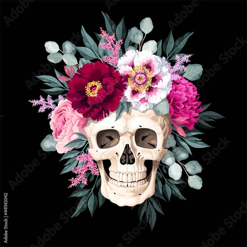 Vector illustration with human skull and flowers