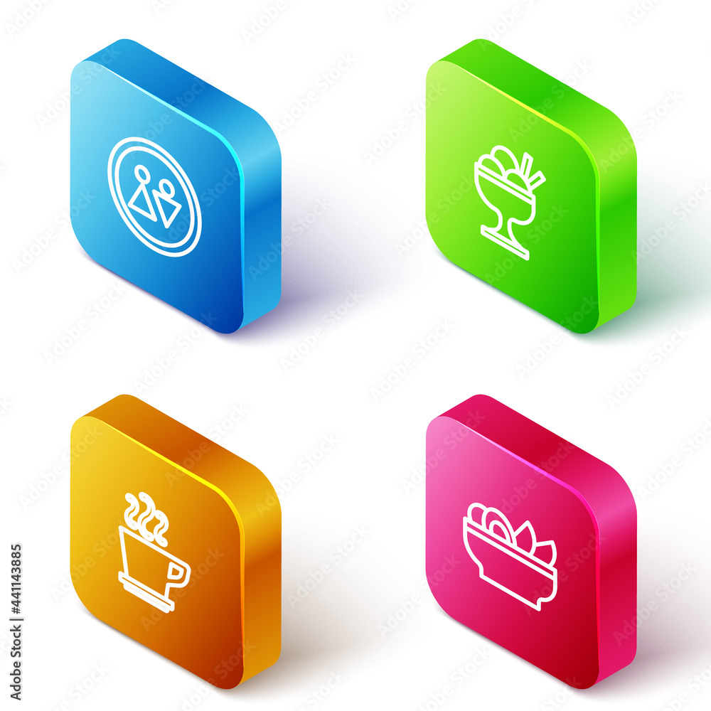 Set Isometric line Toilet, Ice cream in bowl, Coffee cup and Nachos plate icon. Vector Set Isometric line Toilet, Ice cream in bowl, Coffee cup and Nachos plate icon. Vector