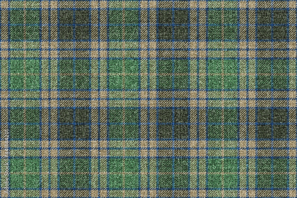Fototapeta premium ragged grungy seamless checkered texture of classic coat tweed green gray beige fabric with blue stripes for gingham, plaid, tablecloths, shirts, tartan, clothes, dresses, bedding, blanket