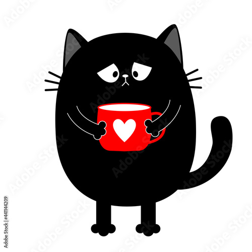 Cat kitten holding coffee cup. Miss you. Sad grumpy bad emotion face. Cute cartoon kitty character. Kawaii funny animal. Love Greeting card. Flat design. White background Isolated.