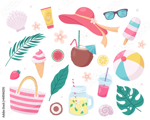 Summer elements collection: beach hat, pina colada, sunglasses, sunscreen, tropical leaves, ice cream, fruits. Vector illustration