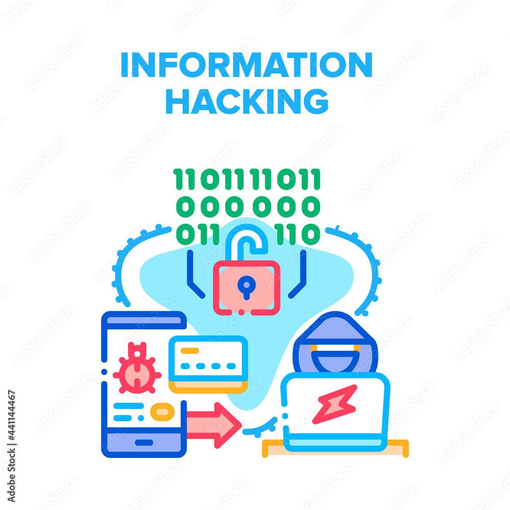 Personal Information Hacking Vector Icon Concept. Personal Information Hacking, Data Phishing And Hacker Attack. Thief Hacker Stealing Bank Card Info, Internet Money Fraud Color Illustration