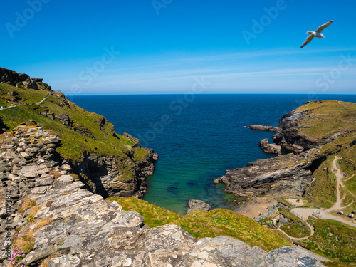 A bay beside Tintagel Island off the rugged north coast of Cornwall, UK, a centre of British legends about King Arthur.