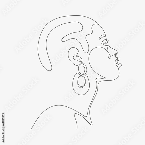 Woman head vector lineart illustration. One Line style drawing. 