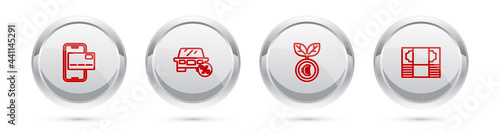 Set line Mobile banking, Car leasing percent, Euro plant and Stacks paper money cash. Silver circle button. Vector