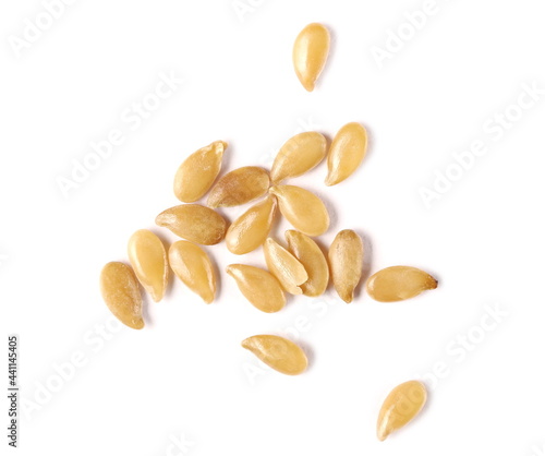 Gold flax seeds  golden linseed pile macro isolated on white background  top view