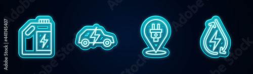 Set line Eco fuel canister, Electric car, plug and Water energy. Glowing neon icon. Vector