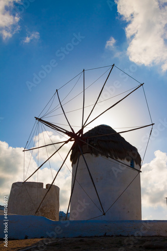 Single windmill side view in Mykonos island cyclades Greece