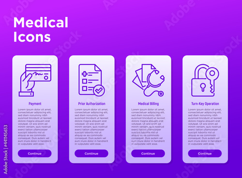 Medical thin line icons set: payment, prior autorization, medical billing, turn-key operation. Vector illustration.