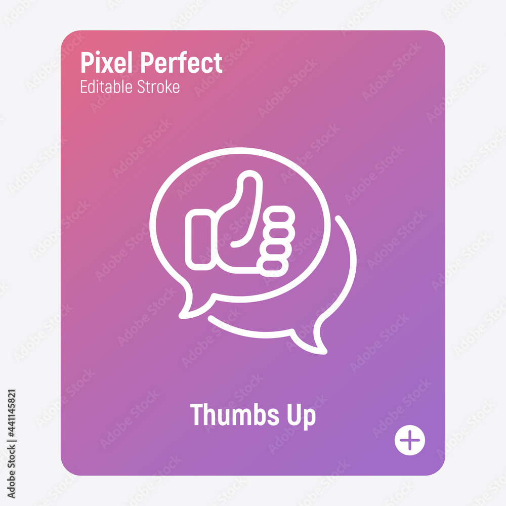 Positive feedback, review thin line icon. Speech bubble with thumbs up. Pixel perfect, editable stroke. Vector illustration. Positive feedback, review thin line icon. Speech bubble with thumbs up. Pixel perfect, editable stroke. Vector illustration.