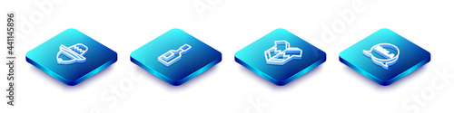 Set Isometric line Mexican sombrero, Tabasco sauce, Poncho and Hola icon. Vector