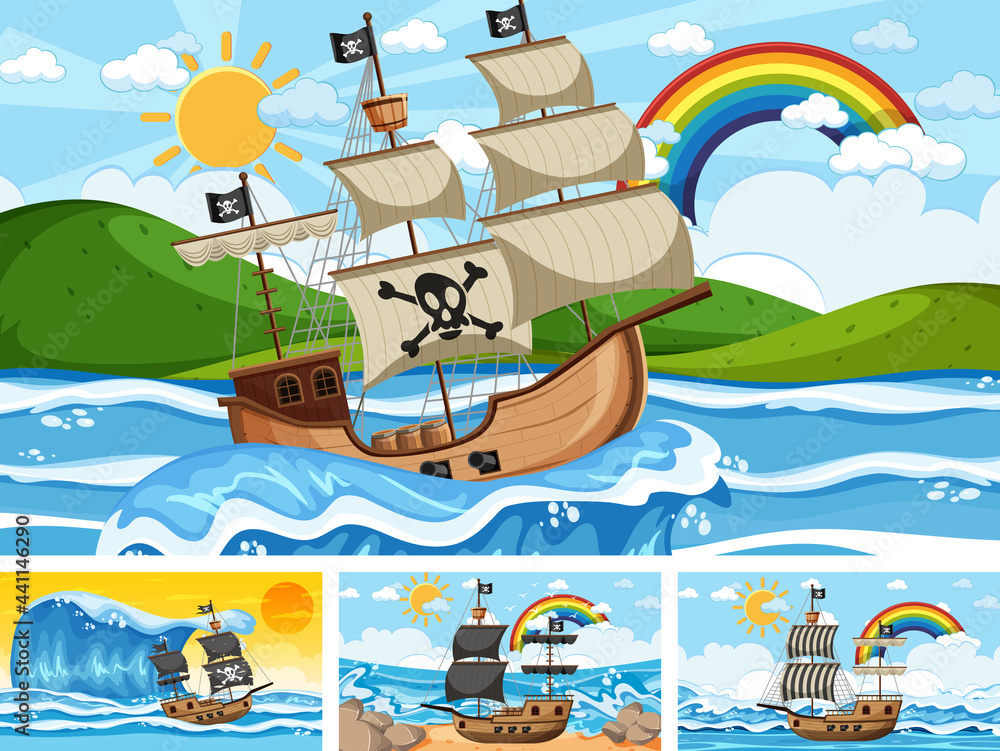 Naklejka premium Set of Ocean with Pirate ship at different times scenes in cartoon style