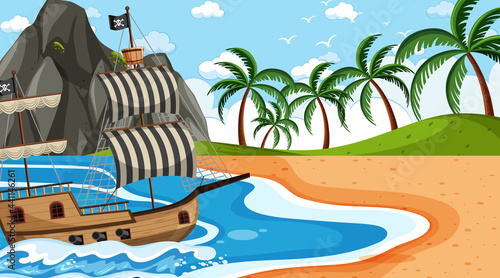 Ocean with Pirate ship at day time scene in cartoon style