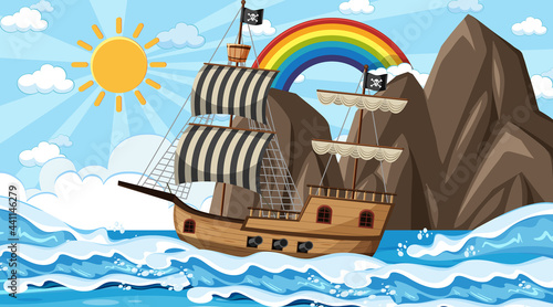 Ocean with Pirate ship at day time scene in cartoon style