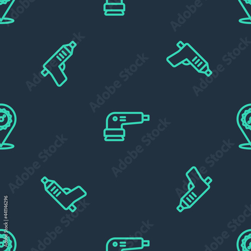 Set line Electric sander, cordless screwdriver and Circular saw blade on seamless pattern. Vector