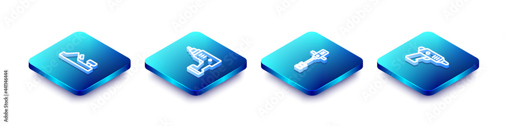 Set Isometric line Wood plane tool, Electric cordless screwdriver, Electrical hand concrete mixer and icon. Vector Set Isometric line Wood plane tool, Electric cordless screwdriver, Electrical hand concrete mixer and icon. Vector