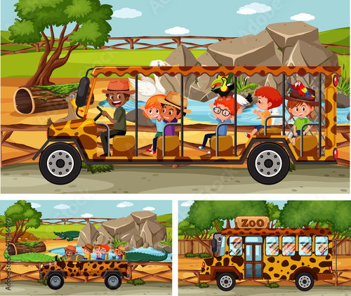 Different safari scenes with animals and kids cartoon character
