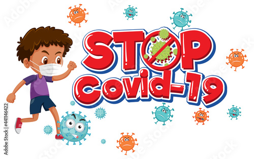 Stop Covid-19 logo or banner with cartoon character and covid-19 sign