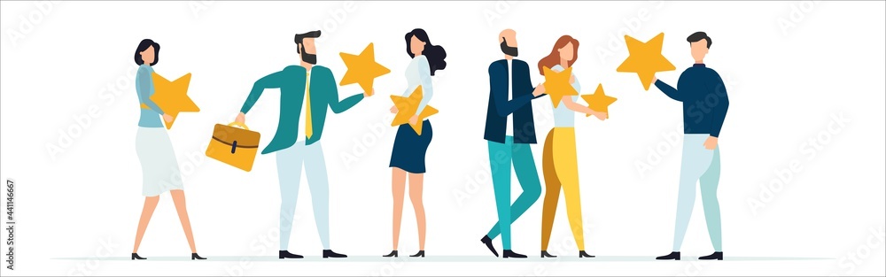 Customer feedback, testimonial, online survey concept. Group of people rating customer experience, writing review, leaving feedback. Client, user satisfaction. Isolated flat vector illustration