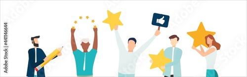 Customer feedback, testimonial, online survey concept. Group of people rating customer experience, writing review, leaving feedback. Client, user satisfaction. Isolated flat vector illustration