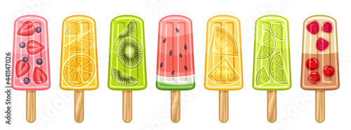 Vector set of Fruit Popsicle, lot collection of 7 cut out illustrations of berry and fruit ice creams, banner with group of variety fruity popsicles for kids with wooden sticks on white background.