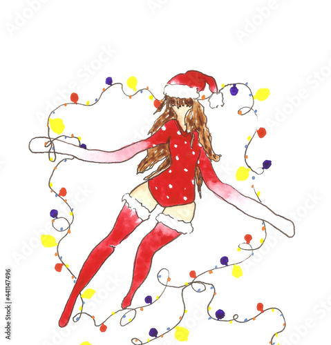 drawing of a snow maiden girl with a garland