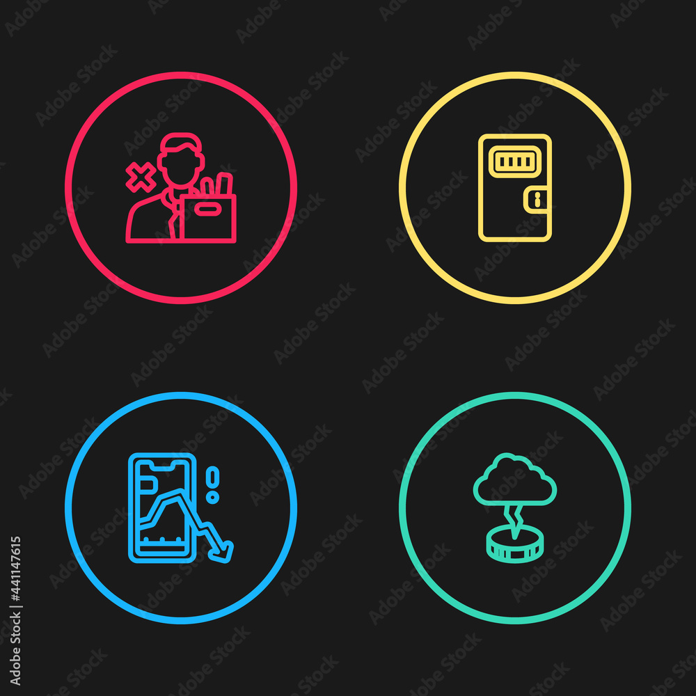 Set line Mobile stock trading, Storm, Prison cell door and Employee dismissal icon. Vector Set line Mobile stock trading, Storm, Prison cell door and Employee dismissal icon. Vector