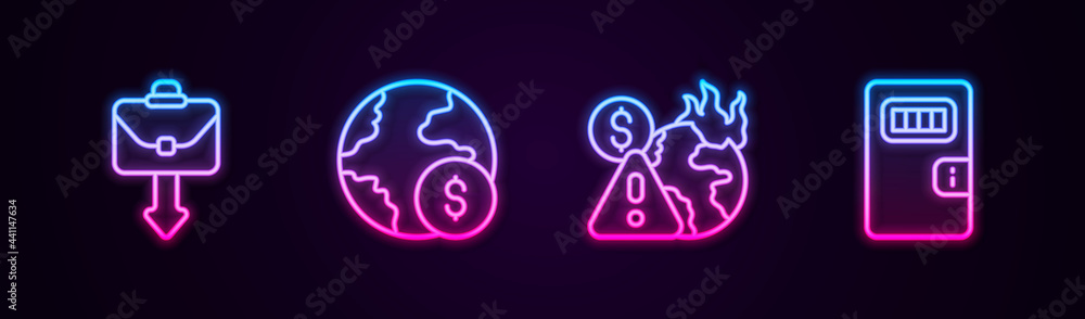 Set line Briefcase, Global economic crisis, and Prison cell door. Glowing neon icon. Vector Set line Briefcase, Global economic crisis, and Prison cell door. Glowing neon icon. Vector