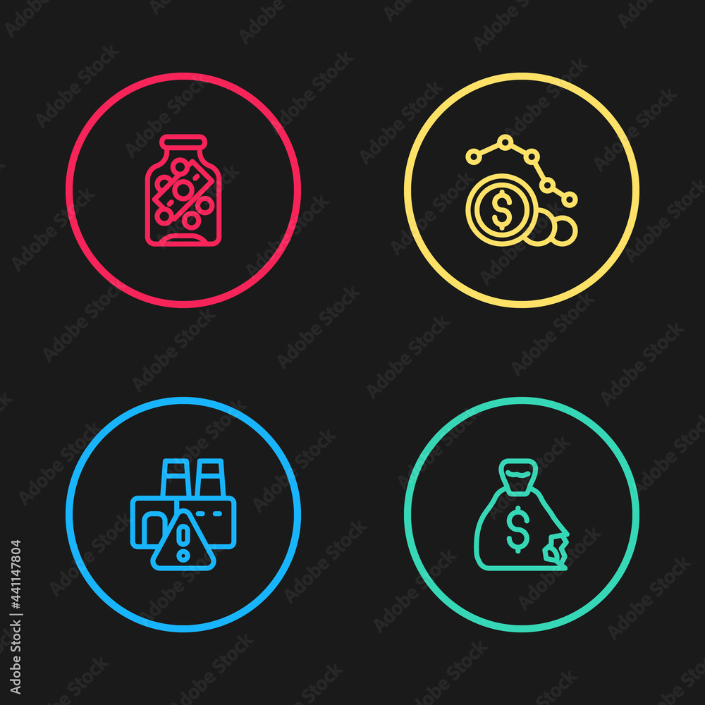 Set line Shutdown of factory, Money bag, Dollar rate decrease and Glass money jar with coin icon. Vector Set line Shutdown of factory, Money bag, Dollar rate decrease and Glass money jar with coin icon. Vector